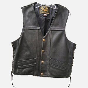 US Made Co Medium Black Leather Motorcycle Vest Pockets Lace Up Buffalo Nickel